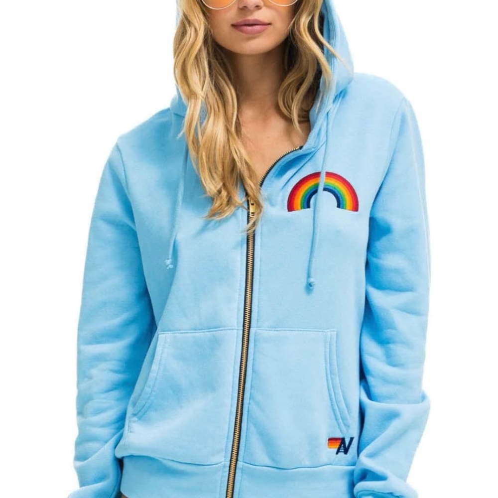 NWT Aviator Nation Rainbow Embroidery Hoodie AND Pants Sky Blue - Size S